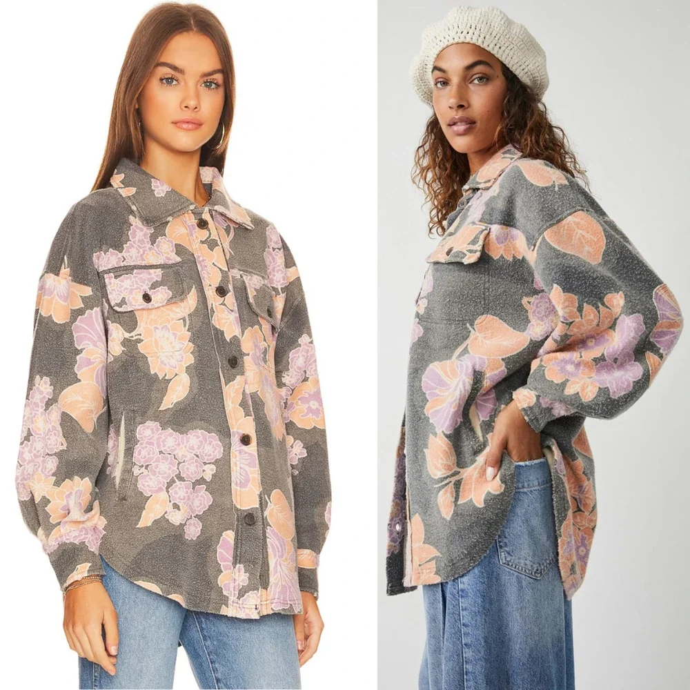 NEW Free People Ruby Printed Jacket Shacket Indie Sleaze Charcoal Combo $178